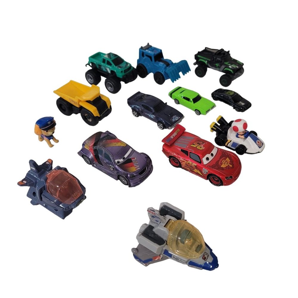 lot of cars Disney cars, lighting McQueen, buzz lightyear tractors and trucks.